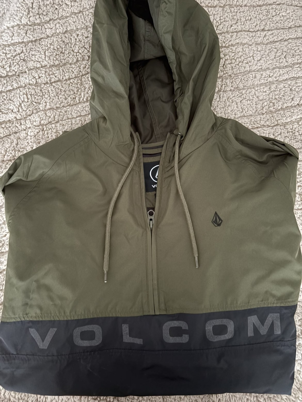 Volcom Olive Green and Black Half-Zip Hooded Windbreaker